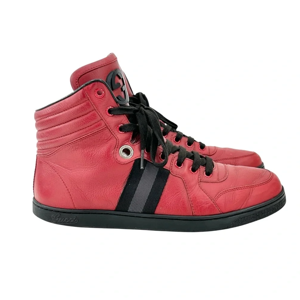 GUCCI Viaggio GG Red & Black Men's Leather High Top Lace Up Sneakers sz 8.5